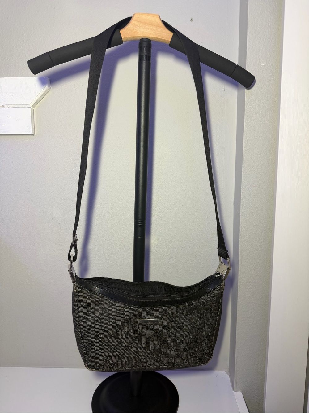 Gucci Black Denim Adjustable Strap Bag with Silver Hardware and COA